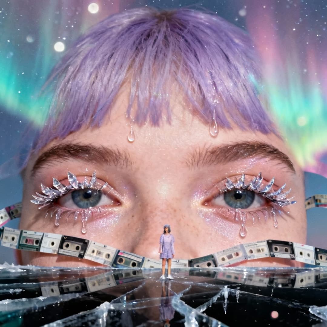 A face cropped at the eyes, lilac hair, crystal lashes dripping, a ribbon of cassette tapes across the frame, aurora sky, cracked ice below.