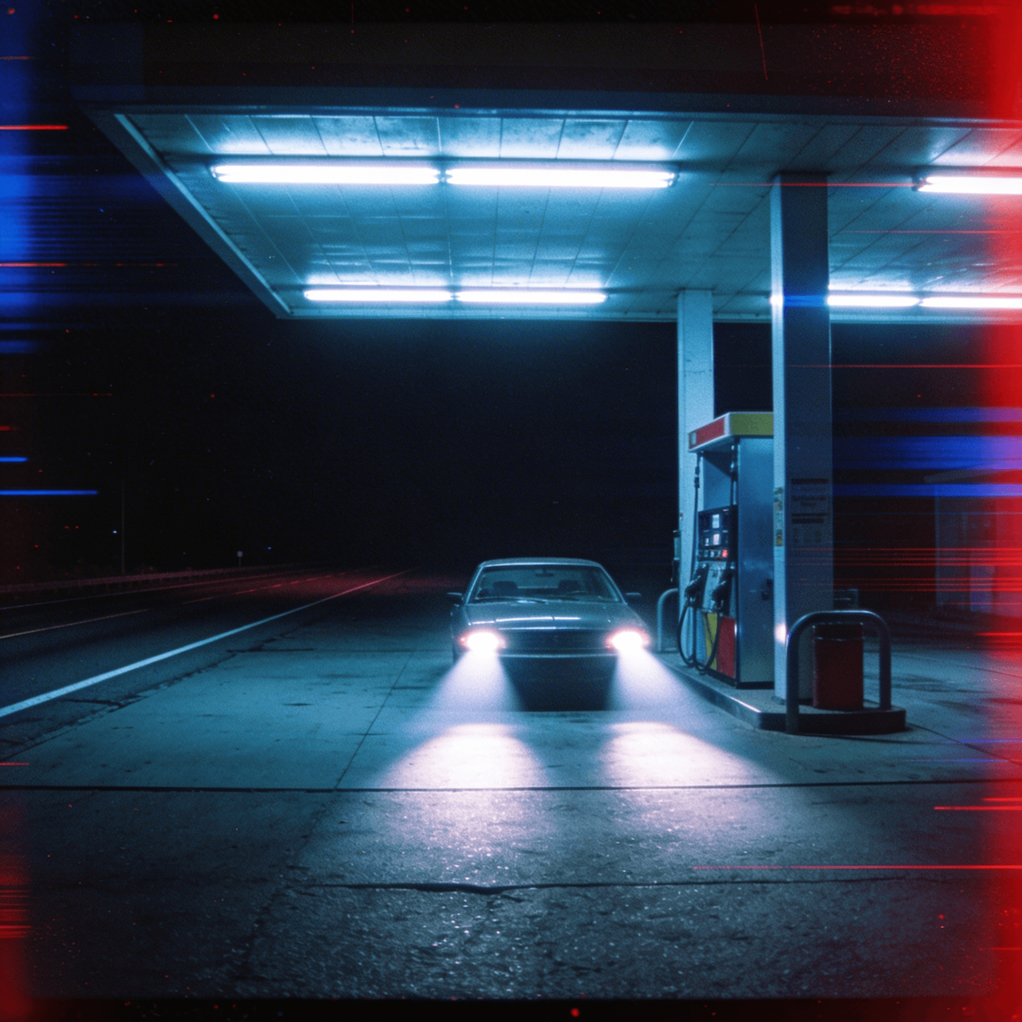 A petrol station at night, empty road, fluorescent canopy, a car pulling in with its headlights on, red and blue light leaks across the frame.